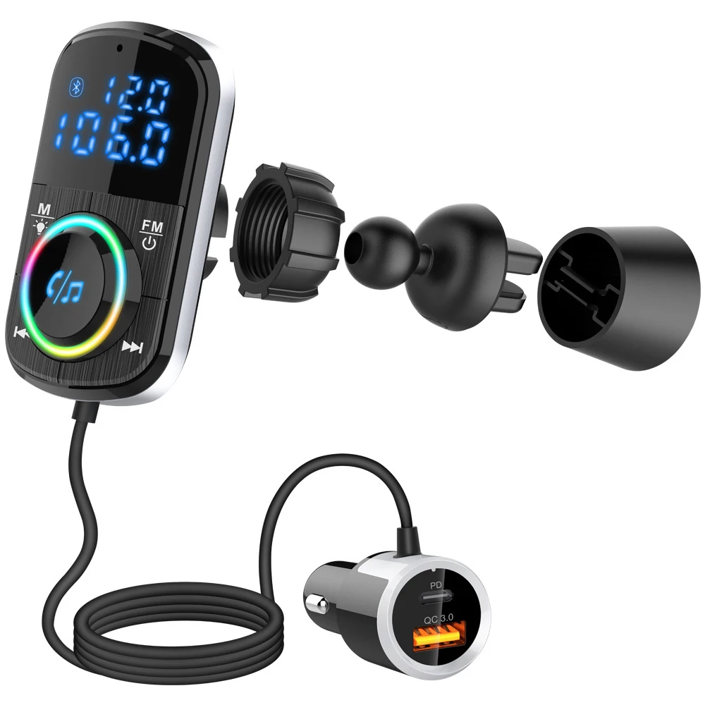 BC71 Car FM Transmitter Car Charger Bluetooth 5.0 QC 3.0 Fast Charge PD Charger MP3 Music Player Ambient Light TF Card