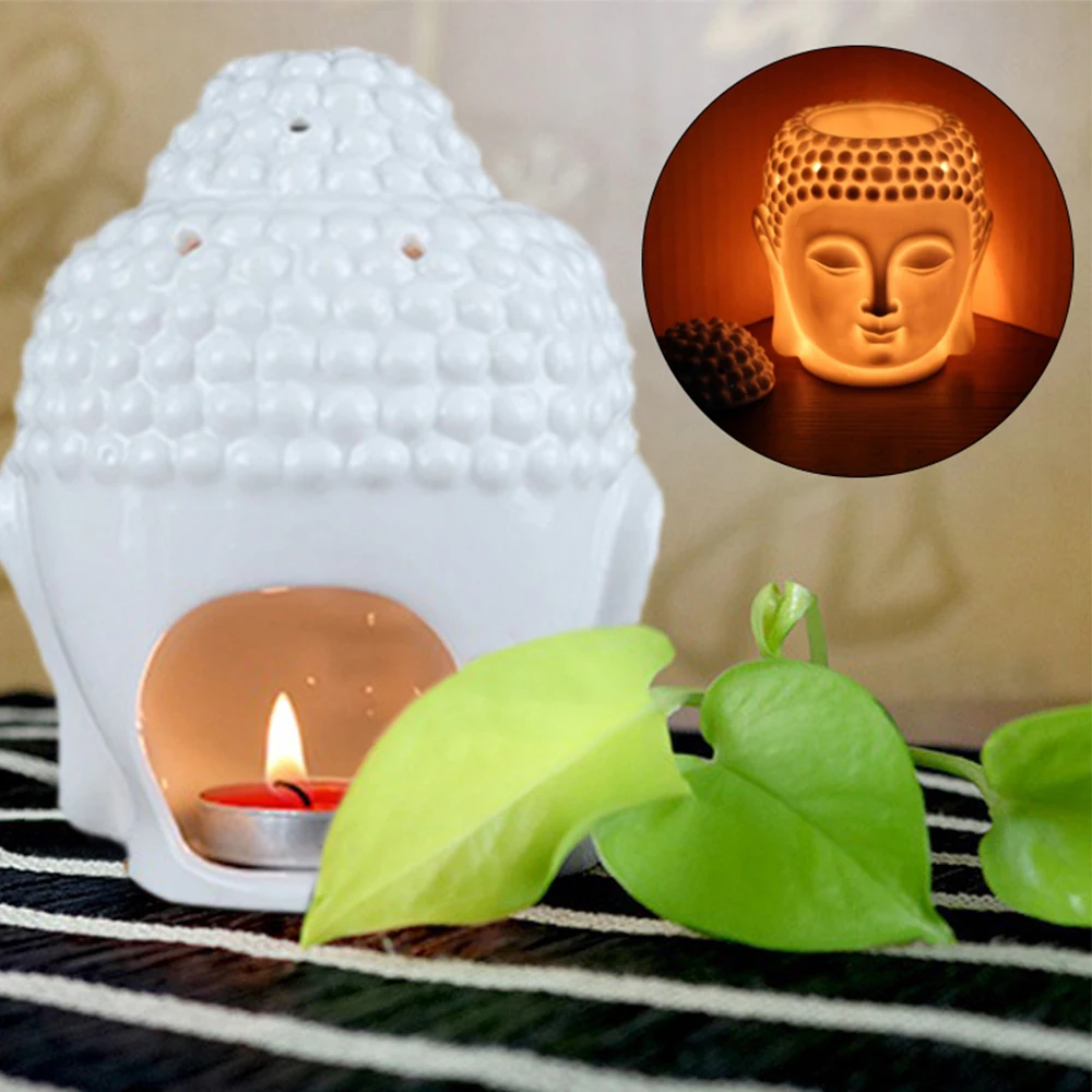 Ceramic Buddha Head Aromatherapy Oil Burner Aroma Essential Oil Diffuser Indian Buddha Tibetan Incense Burner Tealight Holders 5