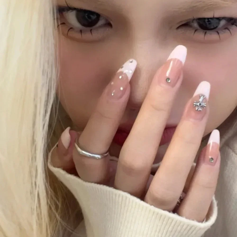 Fake Nails 24 Pcs Pink Press on Nail Designs Art Long Tips False Forms with Glue Stick Stickers Reusable Acrylic Artificial