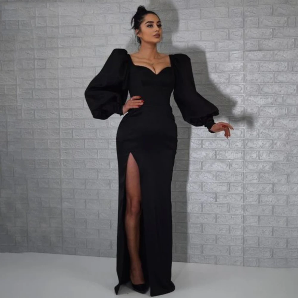 Robe de soirée sirène noire pour femmes, col carré, manches bouffantes