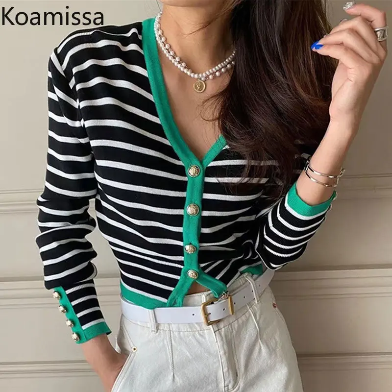 

Koamissa Fashion Women Striped Cardigan Ladies Single Breasted Knitted Sweater Coats Female V-neck Retro Autumn Winter Kardigan