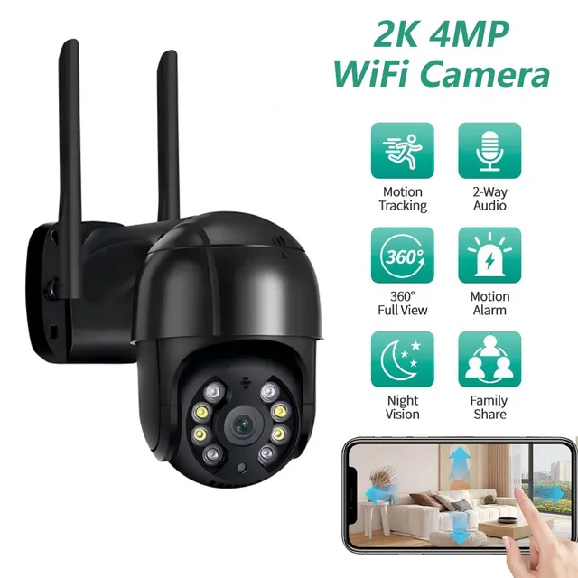 2K 4MP Auto Tracking PTZ Security Camera, 2.4G WiFi Outdoor IP Camera with Two-Way Audio, Night Vision, Smart Motion Detection, 1