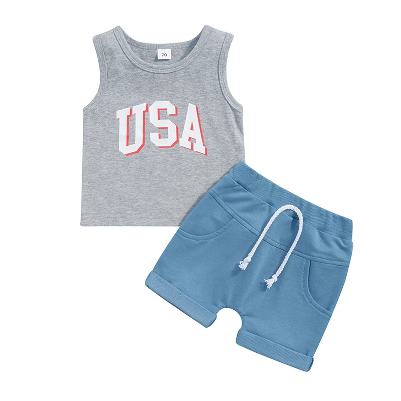 

Independence Day Clothes Infant Boys Suits Letter Print Crew Neck Sleeveless Tank Top and Elastic Waist Shorts 2Pcs Clothing Set
