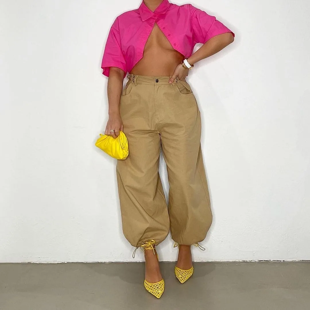 

Spring Summer Personality Long Pants 2023 New Solid Color Pocket Zipper Women Pants Loose Casual Shrunken Waist Lantern Pants