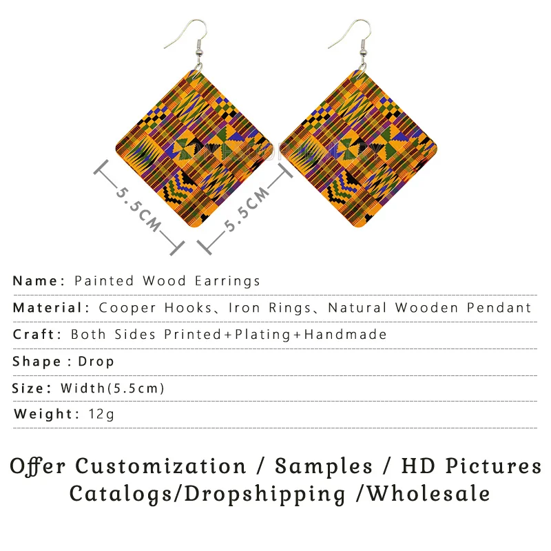 Somesoor Geometric African Fabric Style Bohemian Wooden Drop Earrings Afro Ethnic Square Pendant Dangle Jewelry For Women Gifts