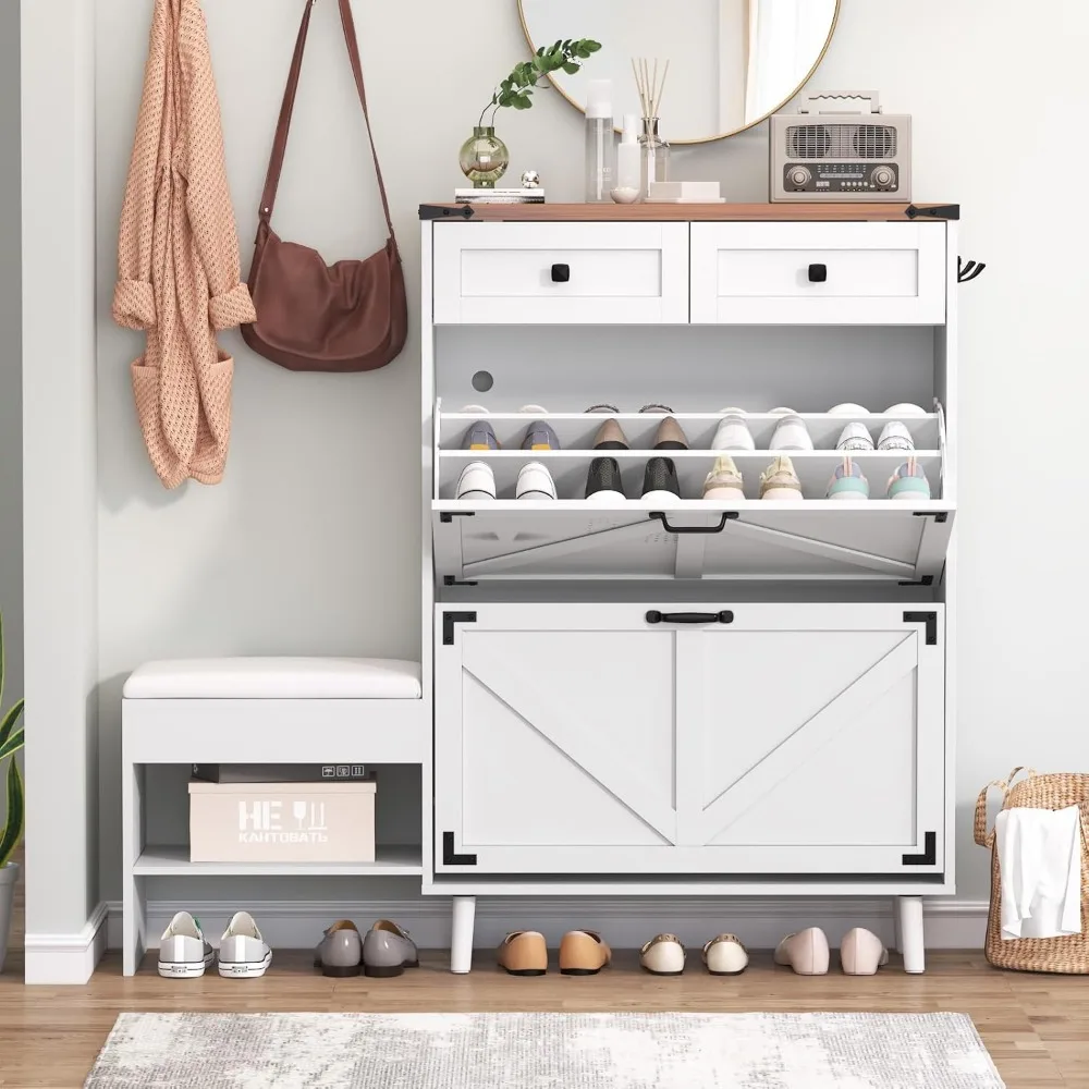 Shoe Cabinet with Bench, Deodorizing Shoe Storage Cabinet with 2 Flip Drawers and 2 Sliding Drawers, Free Standing Narrow Farmho 2