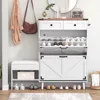 Shoe Cabinet with Bench, Deodorizing Shoe Storage Cabinet with 2 Flip Drawers and 2 Sliding Drawers, Free Standing Narrow Farmho 2