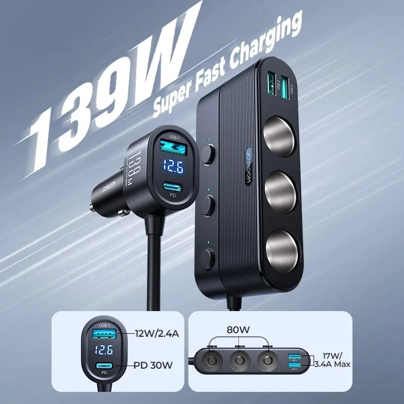 Joyroom 139W 7 in 1 car charger Adapter Fast PD QC3.0 Socket Cigarette Lighter Splitter Charge Independent Switches DC Outlet
