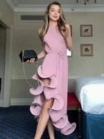 Robe longue maxi chic pour femme, style romantique, à col licou et à lacets, en maille côtelée, à volants, fendue haute, coupe ajustée, tendance printemps 2026, Vestidos 4