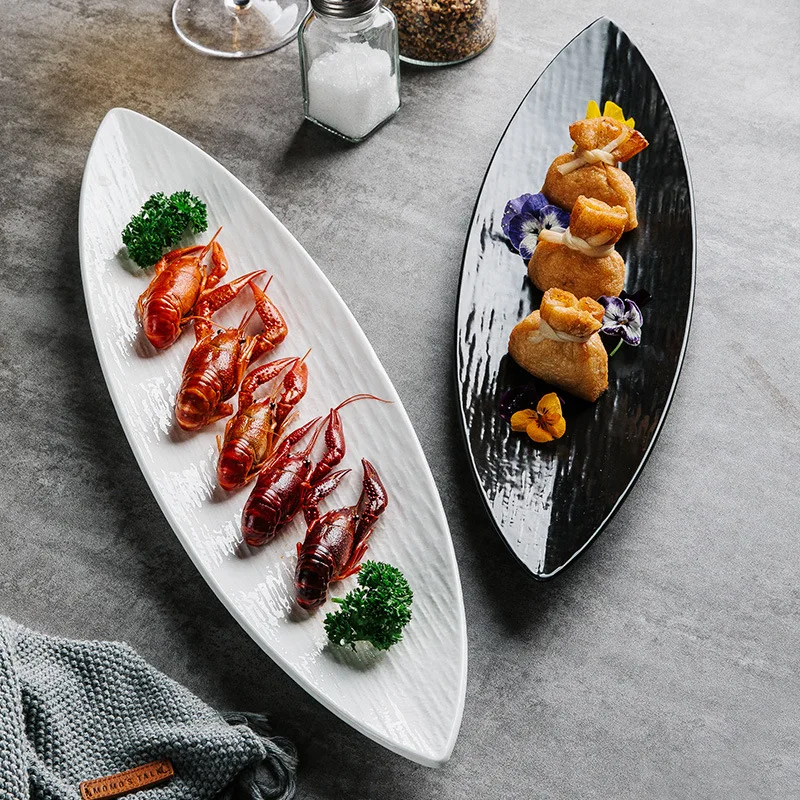 Long Japanese Leaf Plate Sashimi Snack Sushi Plate Commercial Ceramic Long Platter Restaurant and Hotel Cooking Cutlery