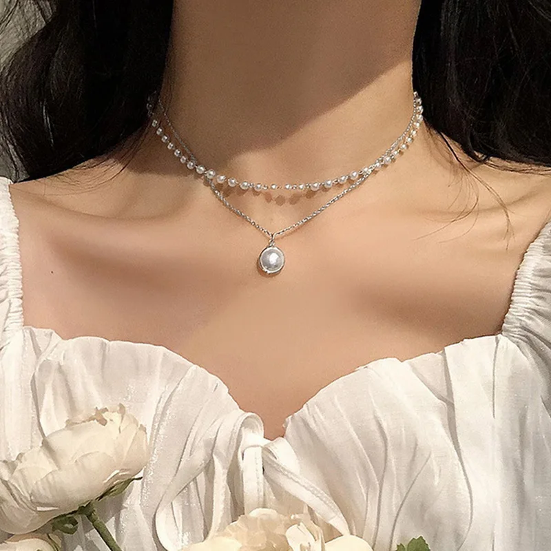 New Simple Elegant Imitation Pearl Beads Chain Necklace Choker Double-Layer  Pendant Gold Color Neck Collar Women Gift