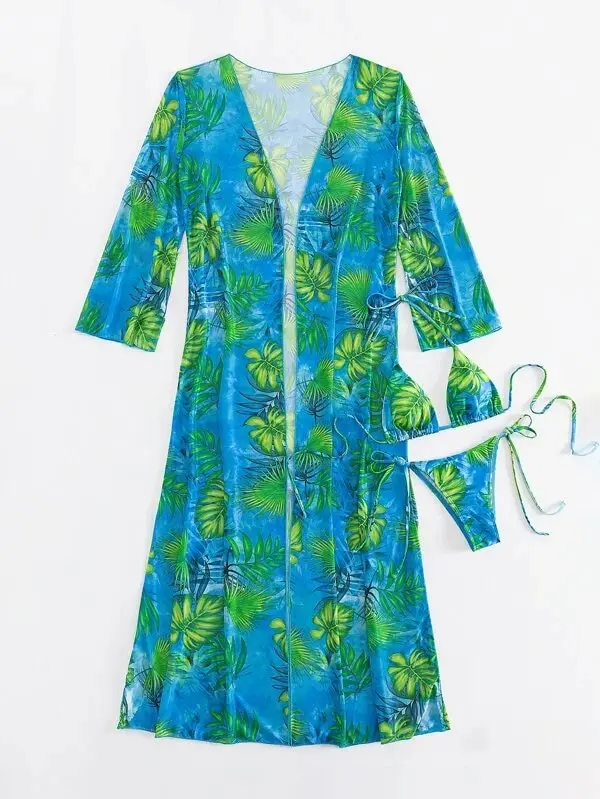 Bikini triangular con cordón para mujer, traje de baño de 3 piezas, estilo Kimono, Sexy, ropa de playa, 2024 - Imagen 3