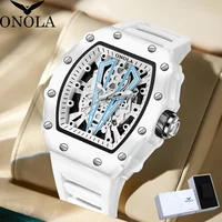 Gift Box Watches for Man ONOLA 3826W Trend White Men Watch Tonneau Calendar Waterproof Silicone Strap Relogios Masculino
