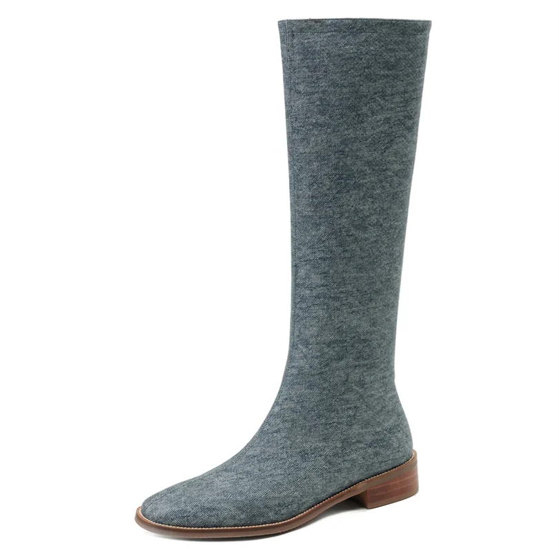 

Denim Women Boots 2023 Winter Luxury Casual Low Heel Women Shoes Leather Round Toe Slip-on Knee High Skinny Boots Dropshopping
