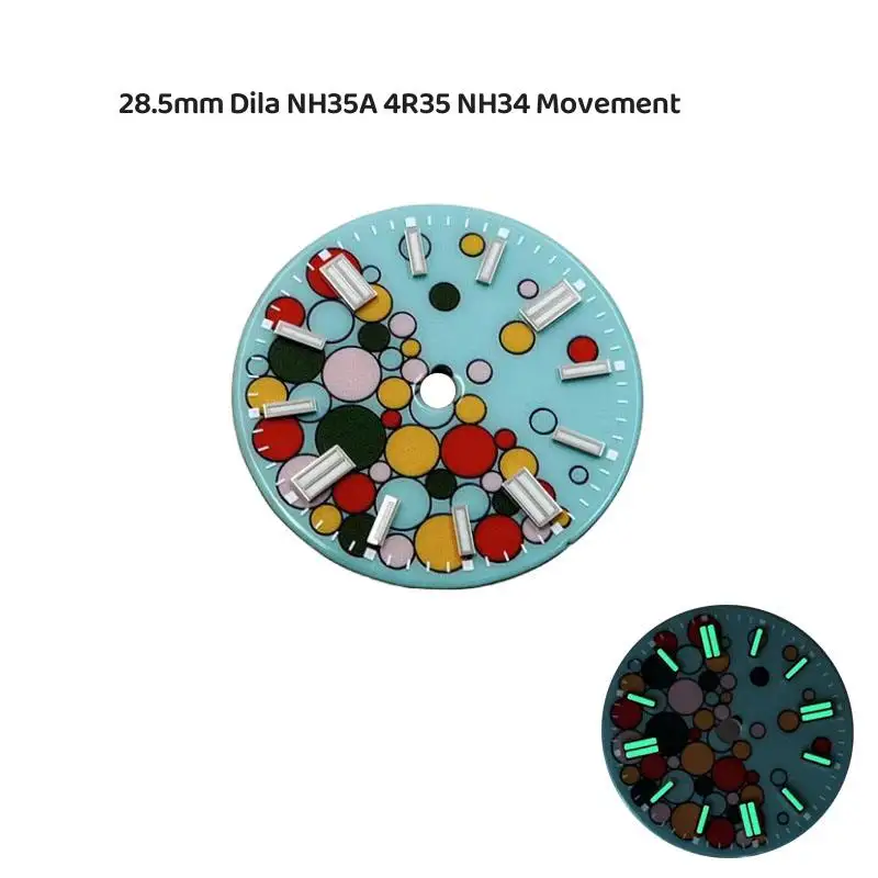 28.5mm Mod NH34 Watch Parts Green Luminous Lake Blue Date Window Date Window Dial Fit for NH35A 4R35 NH34 Movement