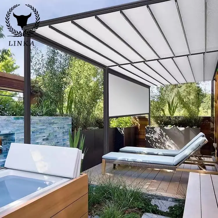 

Outdoor waterproof PVC Fabric Retractable Roof Awning Pergola Bioclimatic aluminum frame sunshade