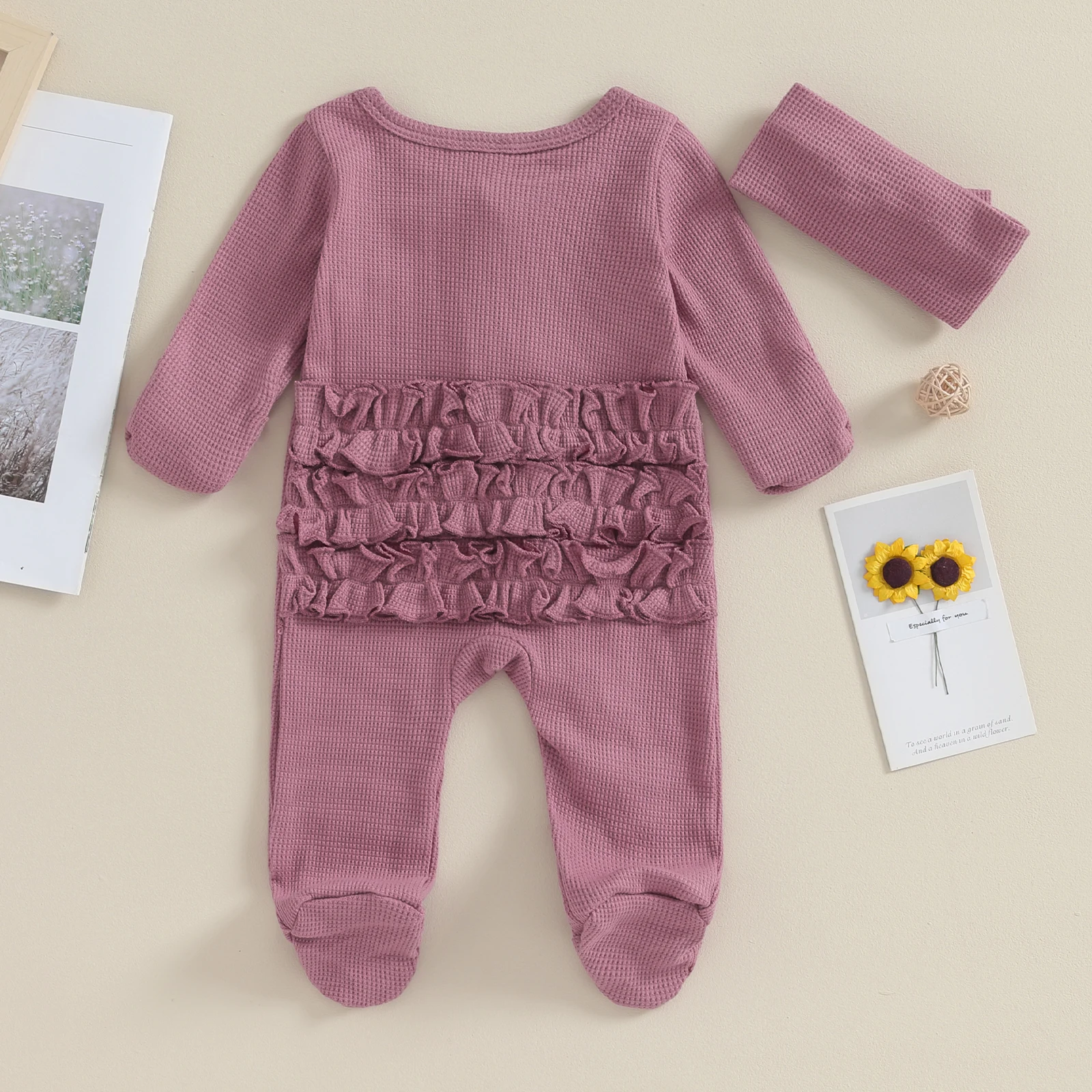 0-6M Neonato Footies Tuta con fascia Ragazze Ragazzi Abbigliamento Infantile Tinta unita Manica lunga Volant Pagliaccetto Abiti - immagine 3