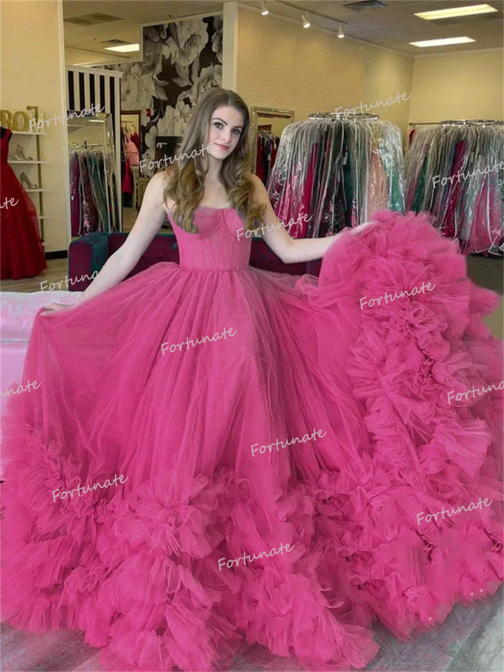 

Fortunate Fuchsia Ruffles Tulle Prom Dresses Sweetheart Sleeveless Elegant Floor Length A Line Evening Party Gown Robe De Soirée