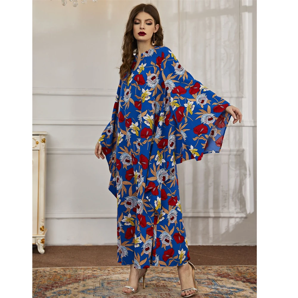 

Morocco Abaya Muslim Women Floral Print Loose Maxi Dress Turkey Kaftan Bat Sleeve Islam Arab Robe Dubai Eid Party Jalabiya Gown