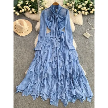 Chic vintage Polka dot Ruched butterfly slim Elegant Fairy korean fashion Boho Sundress women clothing Long dress