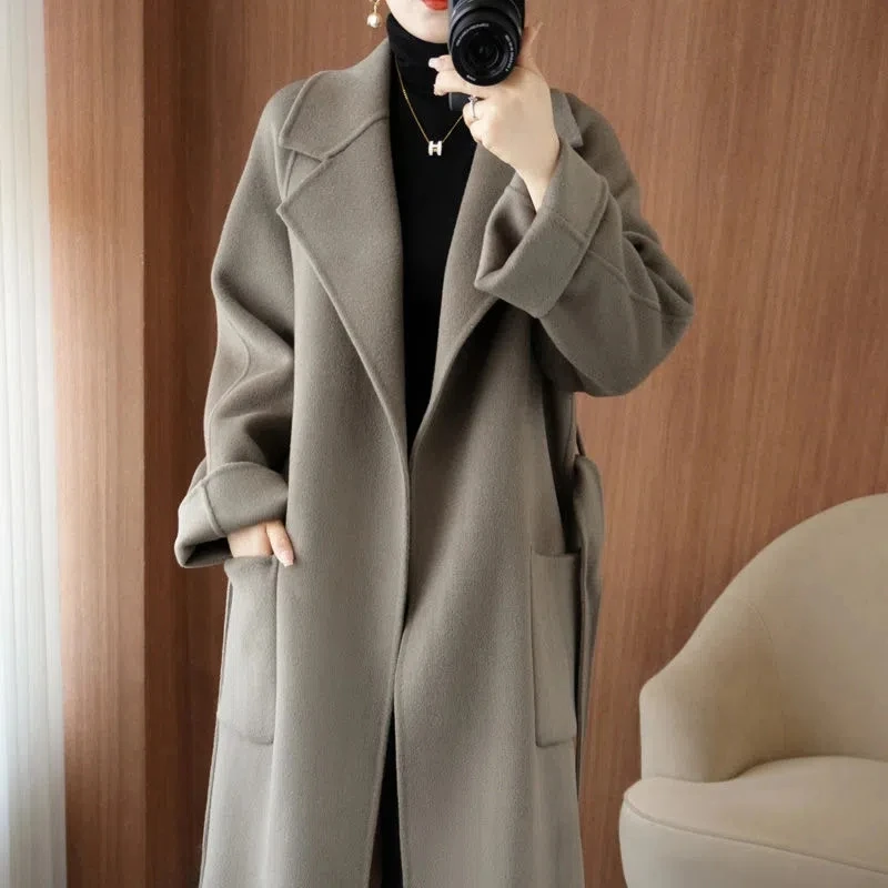 100% Wool Coat Women's Wear 2024 Autumn/Winter Fashion Temperament Double sided Cashmere Coats with Belt Elegant Long Overcoat 3
