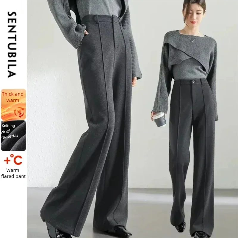 SENTUBILA Wool Blend Flare Pants Women Winter Thick Warm Trousers 2026 High Waist Office Lady Fashion Casual Pants 144K57322