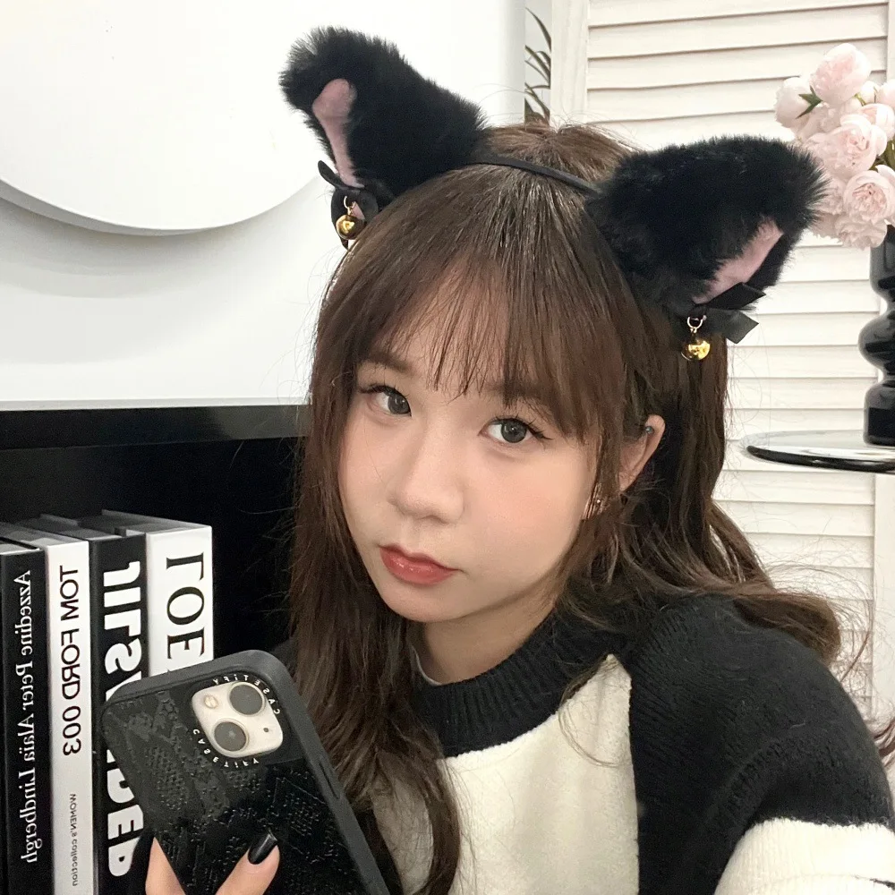 Kawaii Cat Ears Headband for Women Girls Lace Bow Necklace Plush Bell Hairband Cosplay Masquerade-Party Costume Hair Accessories