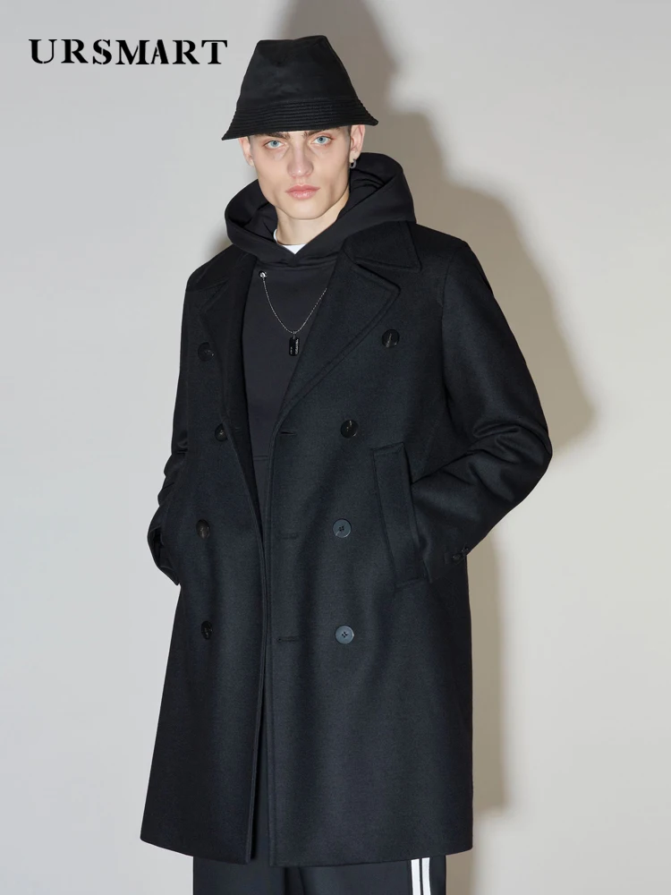 

Worsted Pure Wool Coat Men's Mid length Classic Double breasted Autumn and Winter Thickened and Warm British Youth Wool Coat