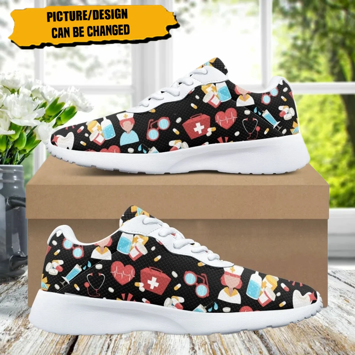 

Fashion Sneaker Women Flats Autumn Cartoon Nurse Medical Tool Pattern Unisex Breathable Running Shoes for Outdoor Gym Athletic