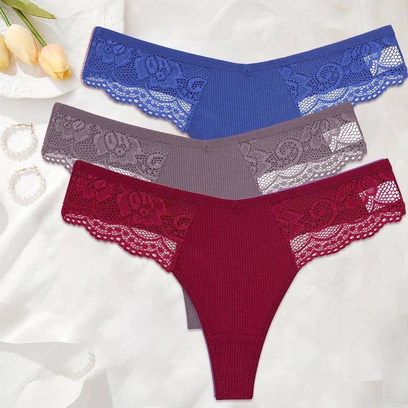 thumbnail image 1 of FINETOO-Tanga de algodón para mujer, lencería de S-XL, bragas, ropa interior Sexy, bragas íntimas de encaje, 3 unids/set, 1 of 5