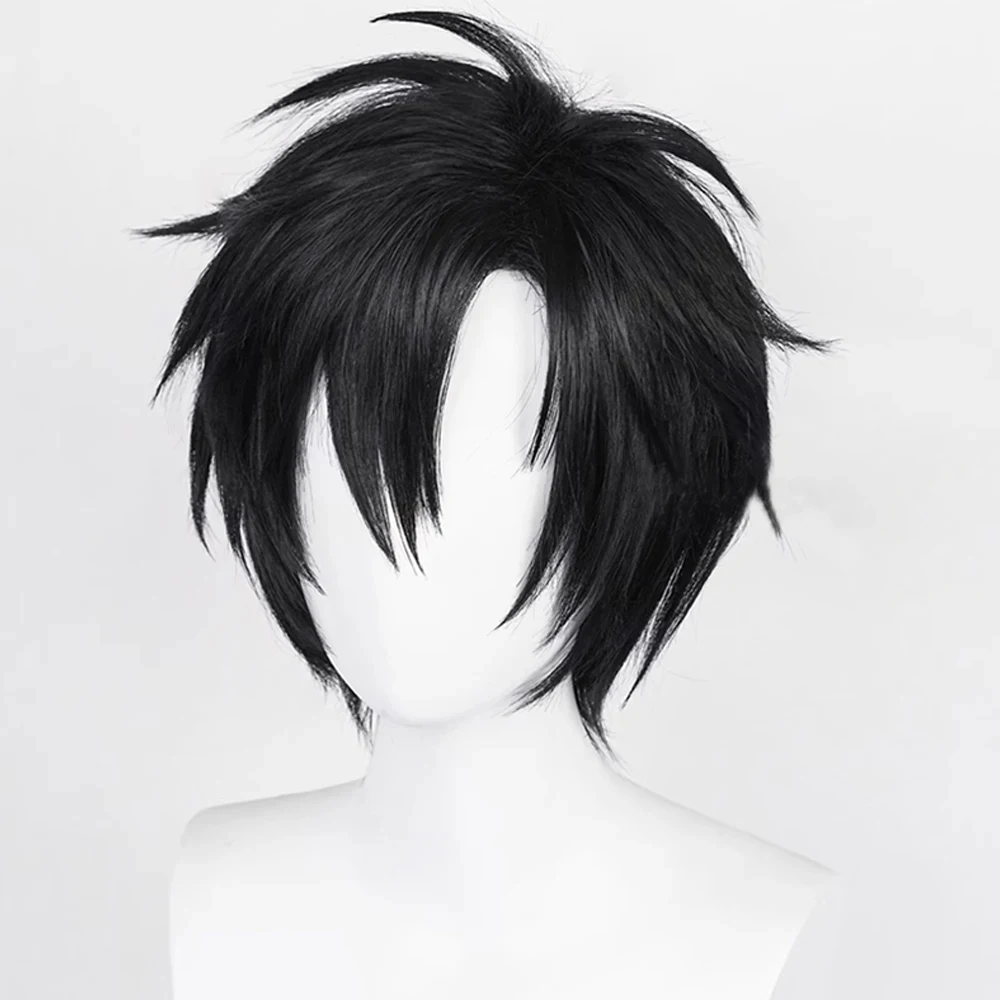 Synthetic Short Black Straight Wig with Bangs for Men and Women Daily Cosplay Anime Halloween Party Realistic Fake Hair - 4