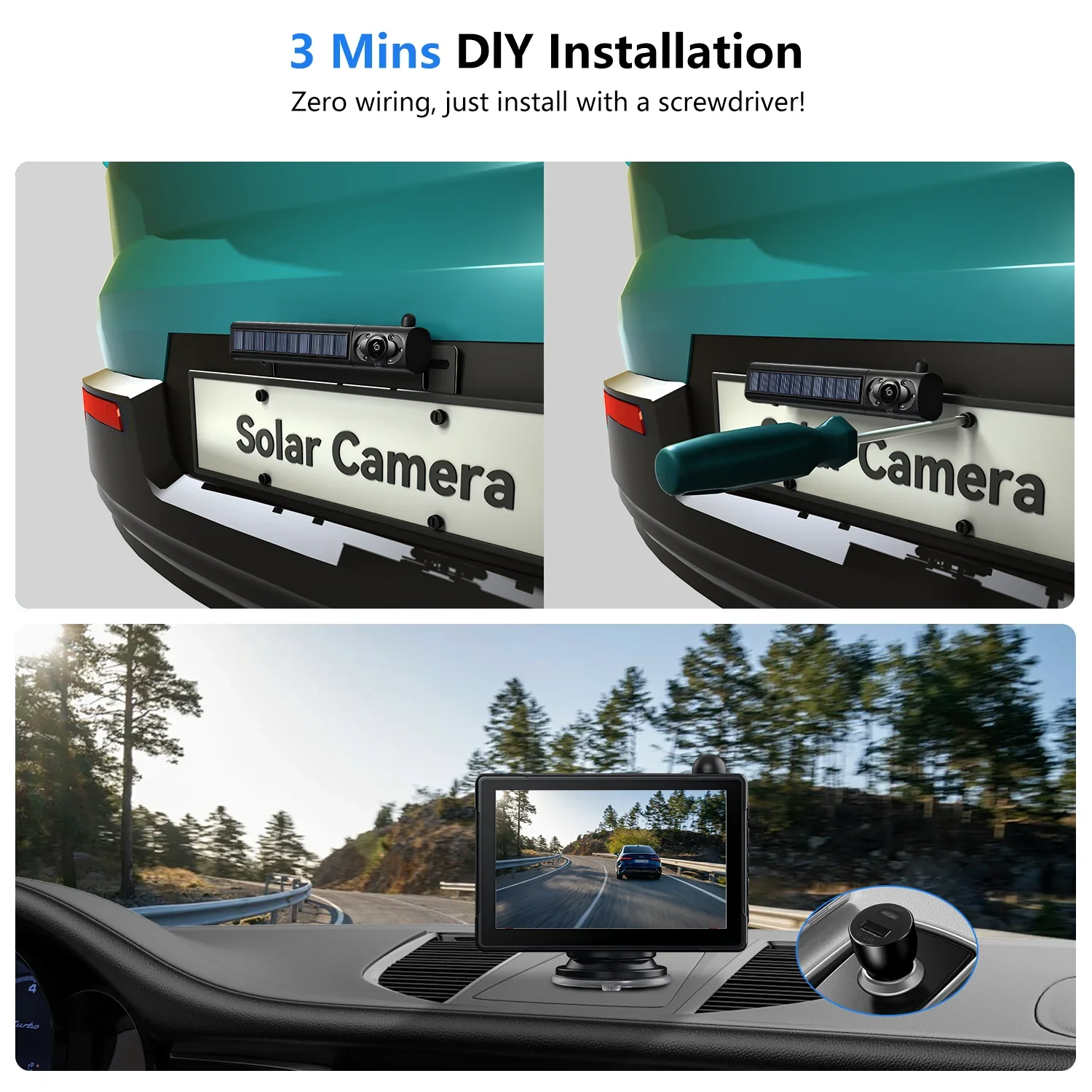 5인치 1080P HD 모니터, 5000mAh 배터리, IP69K 방수 기능을 갖춘 태양광 무선 백업 카메라 시스템, 차량용 3분 DIY 설치