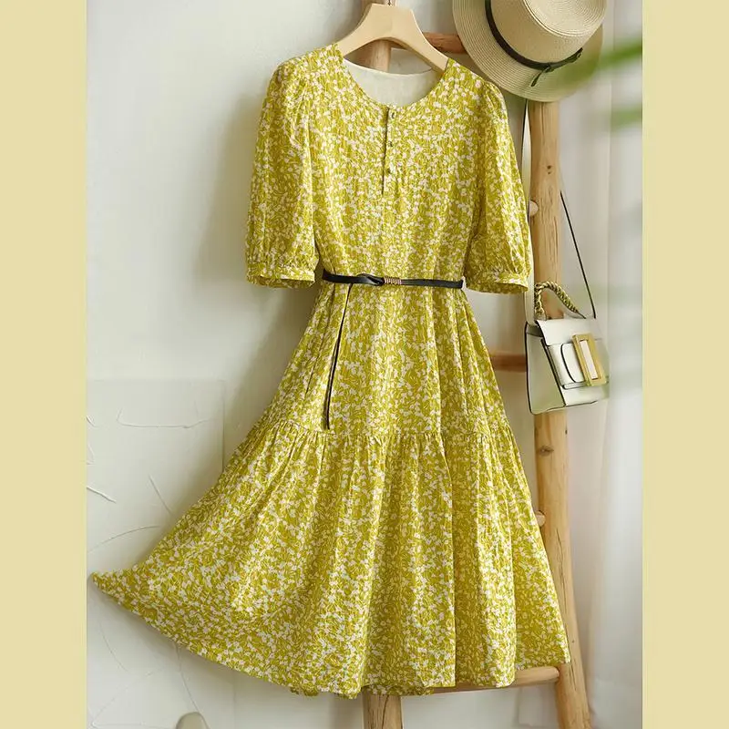 

Casual Dress Female 2023 Summer New Italian Texture Rugged Bubble Sleeve Kikyo Flower O Neck Short Sleeve Printed Dress Female