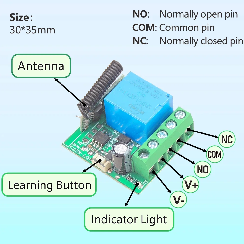 RF Receiver and Wireless Remote Control with A/B button Transmitter 50m 433MHz DC 12V 1CH Relay Module for LED/DIY 6