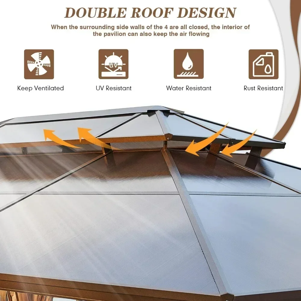 Gazebo Polycarbonate Double Roof Canopy Outdoor Aluminum Frame Pergola Permanent Pavilion Netting Curtains