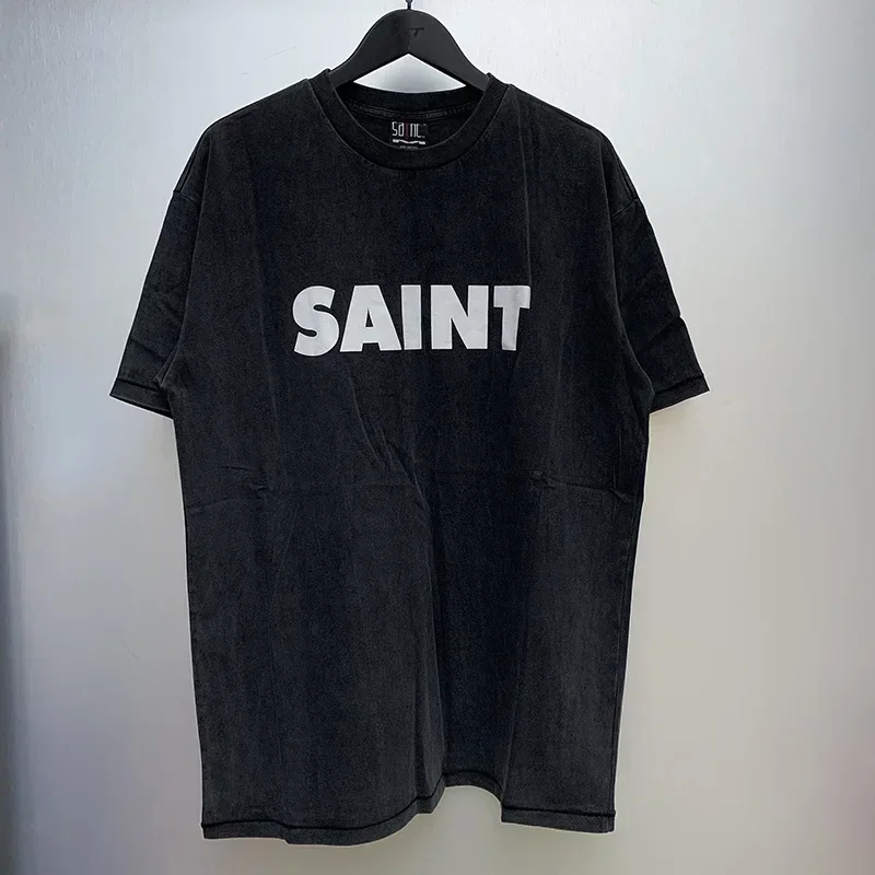 

Spring Saint Michael Simple T Shirt Wash Black Men Woman 1:1 Letter Logo Printing Loose Short Sleeve Top Tees GYM