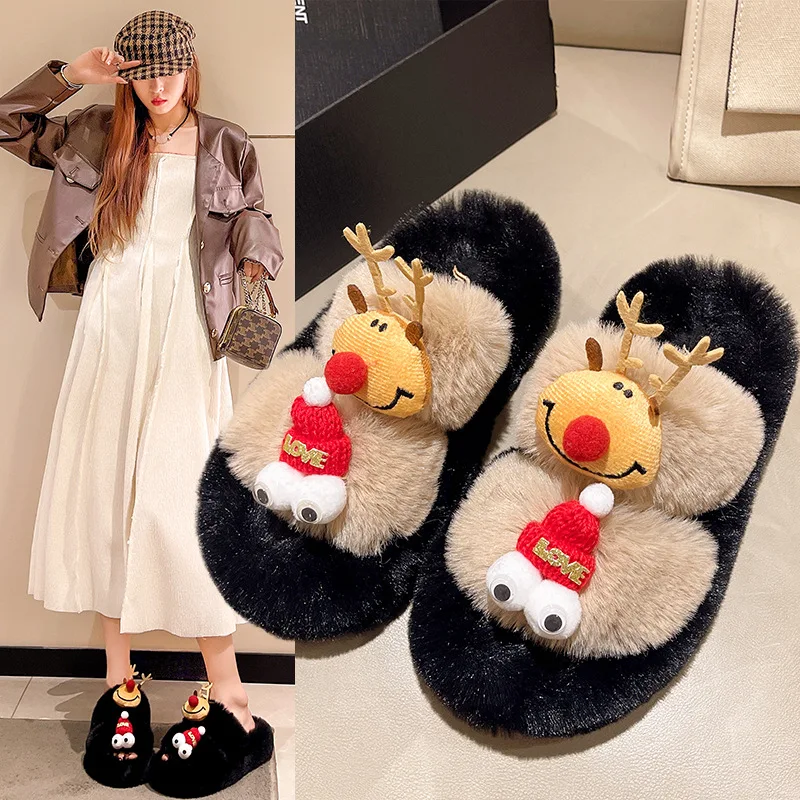 

Тапочки рождественские женские с оленем, плюшевые удобные шлепанцы для улицы, Повседневная хлопковая обувь, Осень-зима 2024