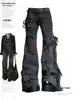 Women Goblin Core Flare Cargo Jeans Grunge Japanese Abi Low Rise Gyaru Y2K Denim Pants 2000s Aesthetic Bell-Bottom Punk Goth New 1