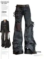 Women Goblin Core Flare Cargo Jeans Grunge Japanese Abi Low Rise Gyaru Y2K Denim Pants 2000s Aesthetic Bell-Bottom Punk Goth New 1