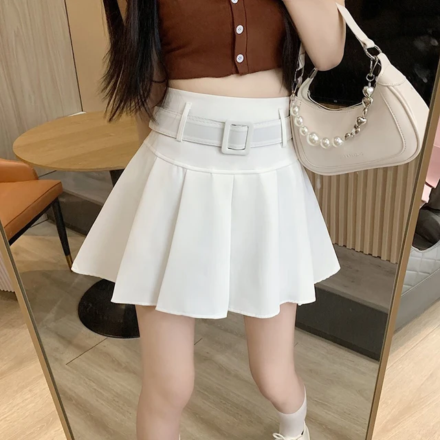 Zoki Japan Sweet Belt White Pleated Skirt Women Sexy High