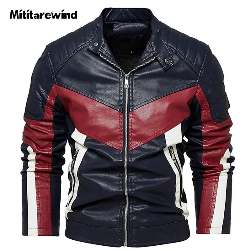New in Autumn Winter Fur Leather Jacket Outdoor Fashion Patchwork Color PU Leather Coat Male Stand Collar Wool Liner Punk Jacket