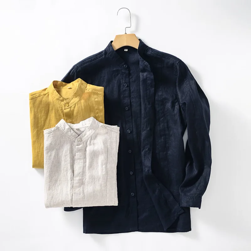 

2023 Spring Summer Men's Casual Loose Linen Shirt Harajuku Breathable Standing Collar Long Sleeve Tops Japanese Styles