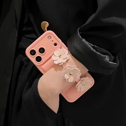 3D Camellia Wristband Down Jacket Phone Case - PU Leather Shockproof Cover - iPhone 15 Plus (Pink)