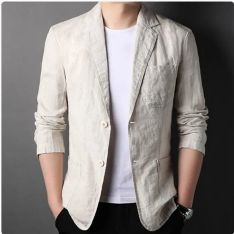 Fashion Coat Men's Linen Blazer Spring Autumn Cotton Jacket Solid Slim Casual Business Suit Male Tops European-style Dress