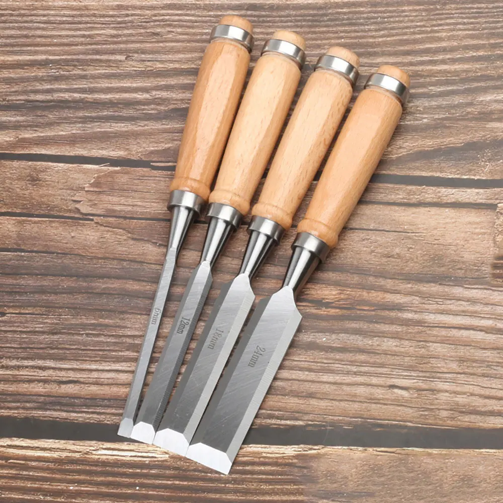 Professionelles 4-teiliges Holzschnitzmeißel-Set - 6/12/18/24mm Chrom-Vanadium-Stahl mit Ergonomischen Buchenholzgriffen im Papierkoffer – Detail 4