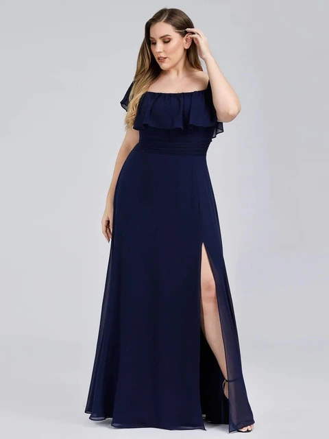 Plus Size Evening Dresses Off The Shoulder Bridesmaid 2022 Ever Pretty fo Long Lace Sleeve Elegant Prom Dress for Women EP00968 Navy Blue