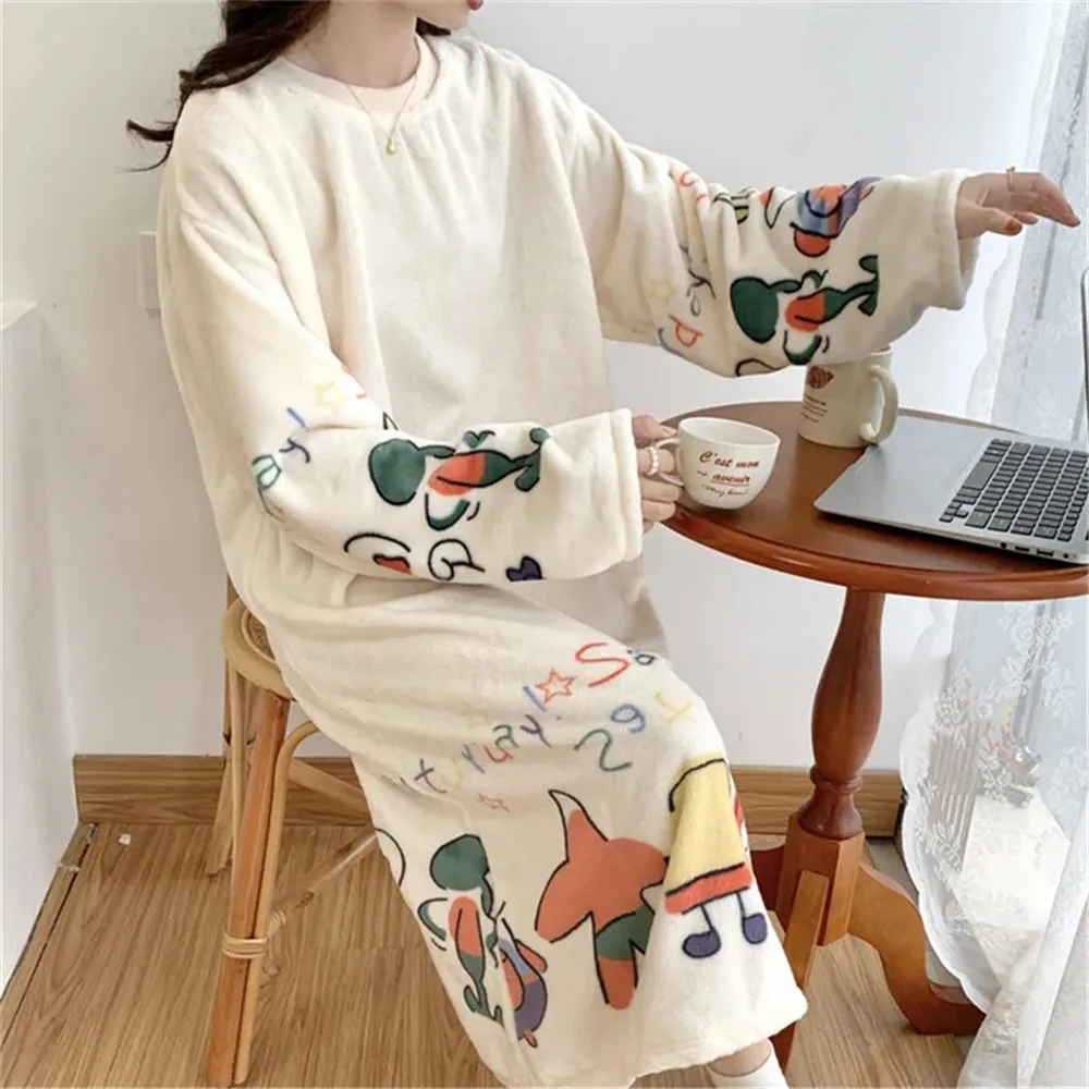 Formal Dressesy2KCoral Velvet Nightgown Printed Women'S Padded Flannel Cartoon Pajamas In Autumn And Winter Long Casual Warm H