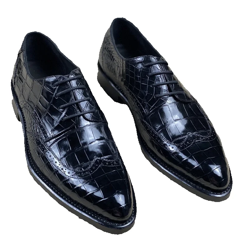 Authentic Crocodile Belly Skin Hand Stitched Businessmen Dress Shoes Genuine Alligator Leather Male Pointed Toe Brock Oxfords