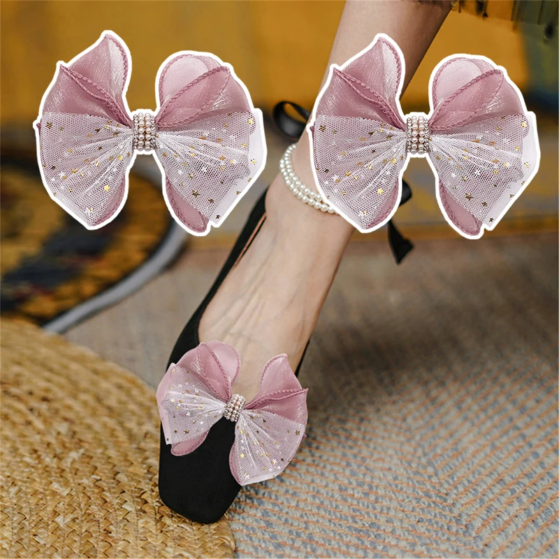 

2 Pcs Lace Bow Shoe Clips Glitter Stars Shoe Accessories Detachable Shoe Buckle Pink Shoe Embellishment for High Heels DIY Decor