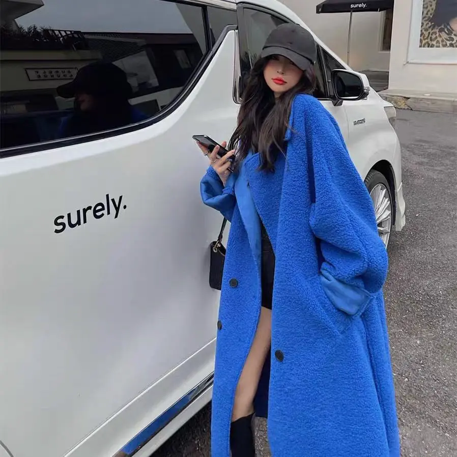 

2024 Women's Long Loose Imitation Lamb Wool Coat, Classic and Latest, Klein Blue, Luxury, Elegant, Autumn and Winter, New Waist